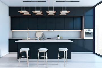 Modern luxury kitchen interior with dark cabinets, island, and city view. 3D Rendering © Who is Danny