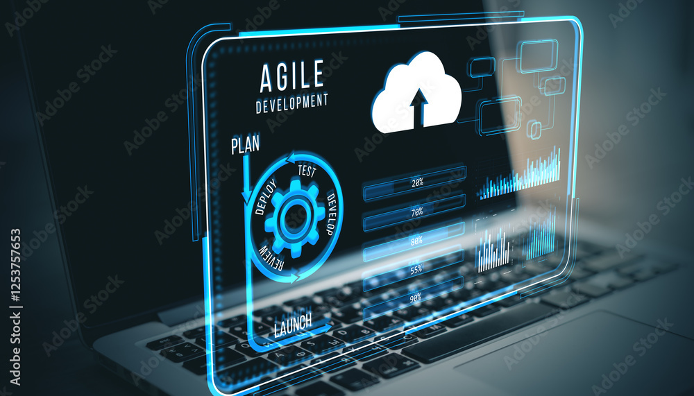 Poster Agile development concept with holographic interface on laptop screen, depicting planning, testing, and cloud upload process.