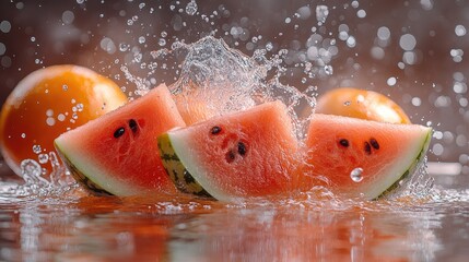 An artistic arrangement of vibrant green melons and slices of juicy red watermelon,