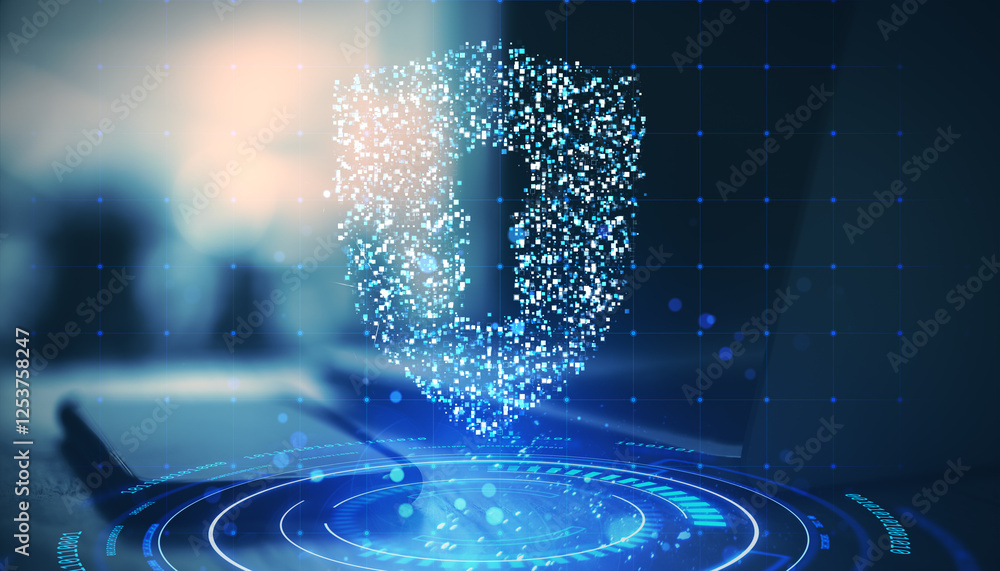 Aufkleber Digital shield composed of glowing particles on a futuristic virtual interface background, symbolizing cybersecurity and data protection.