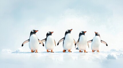 Obraz premium Group of Penguins Waddling Across an Icy Landscape with Soft Blue Background in a Serene Natural Setting