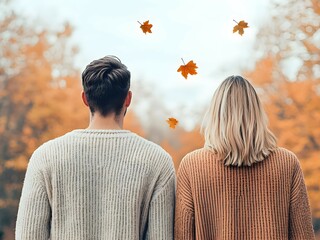 Couple in Cozy Sweaters Enjoying Autumn Leaves Falling Outdoors
