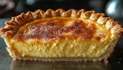 Freshly baked egg custard pie slice on metal surface in kitchen