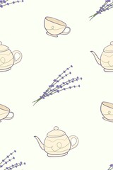 Seamless pattern with lavender, cups and a teapot in green and purple. Spring fresh colors. Wallpaper, background, wrapping papper, card design.