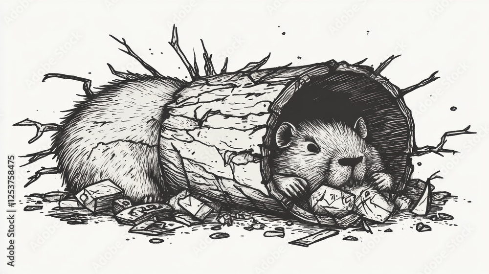 Poster brutal capybara, line drawing, a capybara playfully using a tree trunk as a bat in a high-fidelity i
