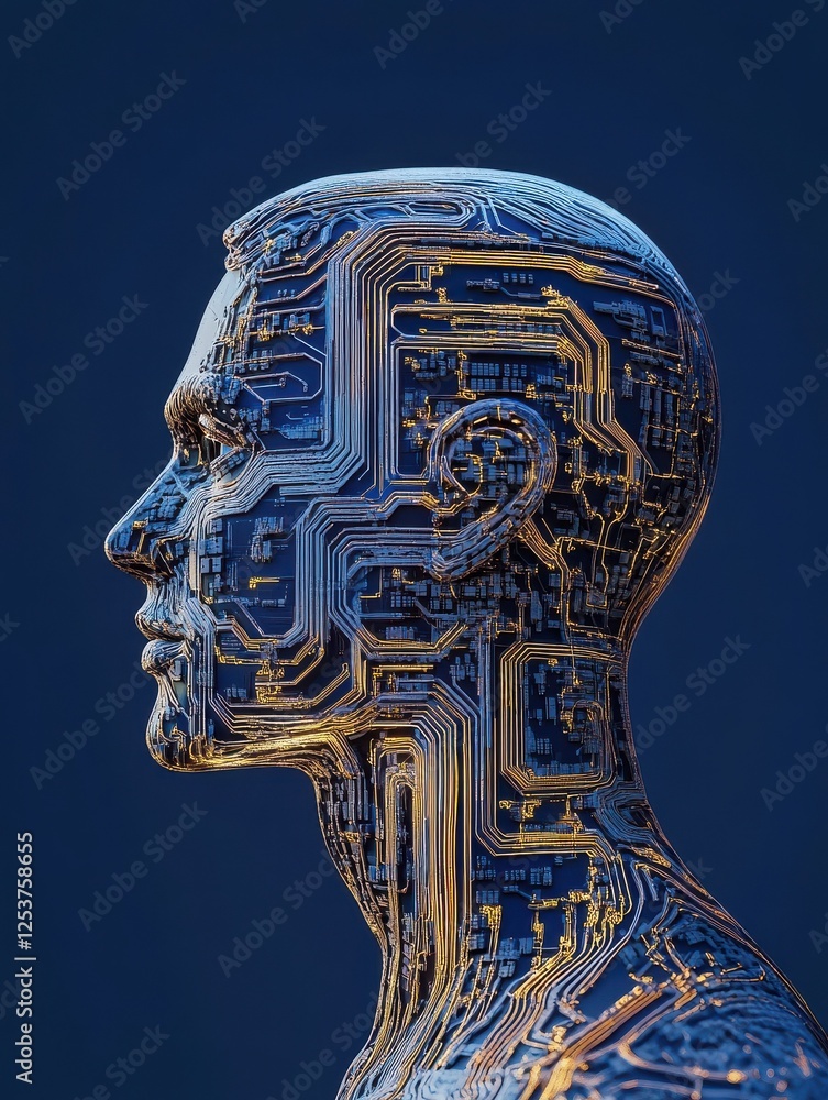 Poster abstract circuit male profile on blue backdrop. artificial intelligence concept. 3d rendering.