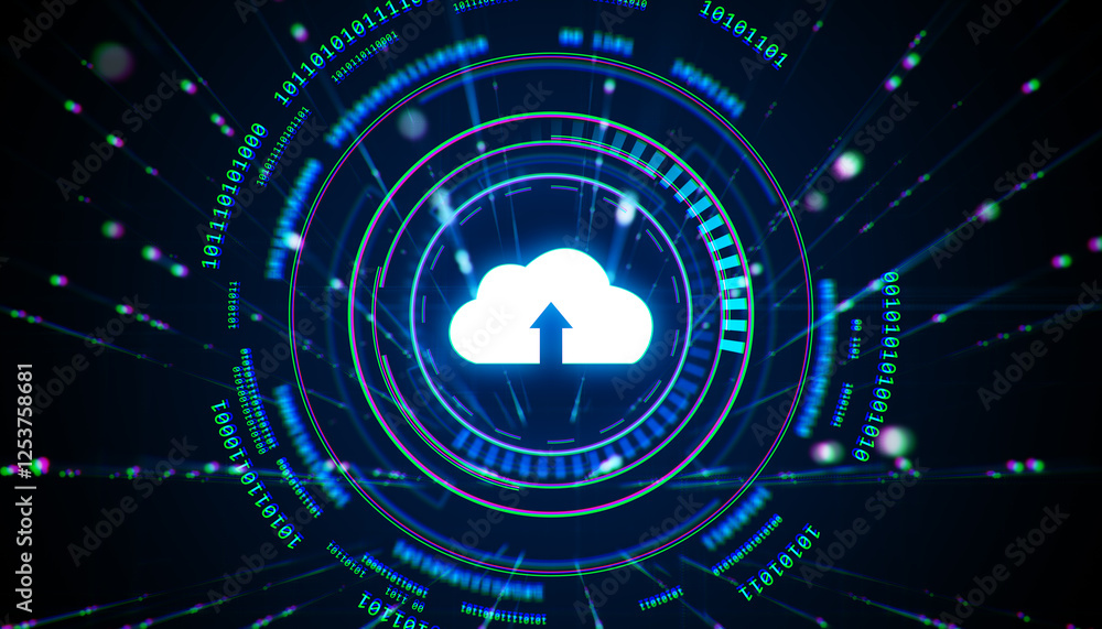 Leinwandbilder Cloud upload icon surrounded by neon binary code and glowing digital elements on a dark background. 3D Rendering
