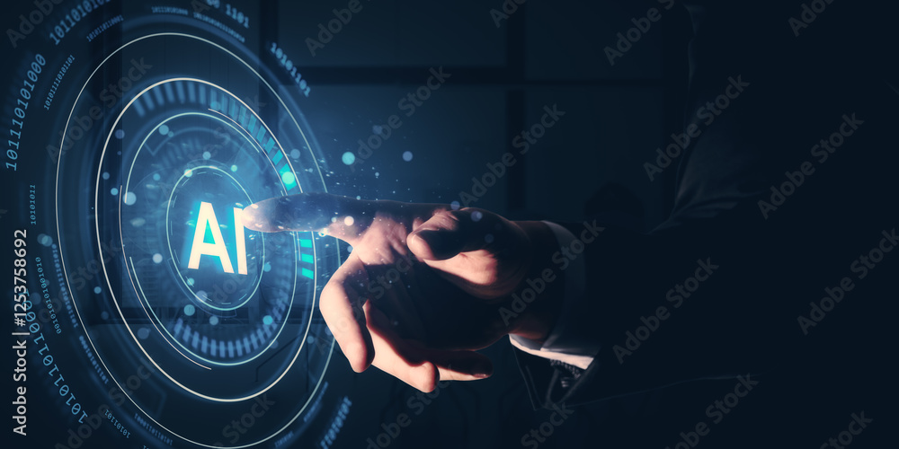 Poster futuristic ai interface with a glowing light, activated by a hand gesture on a digital screen.