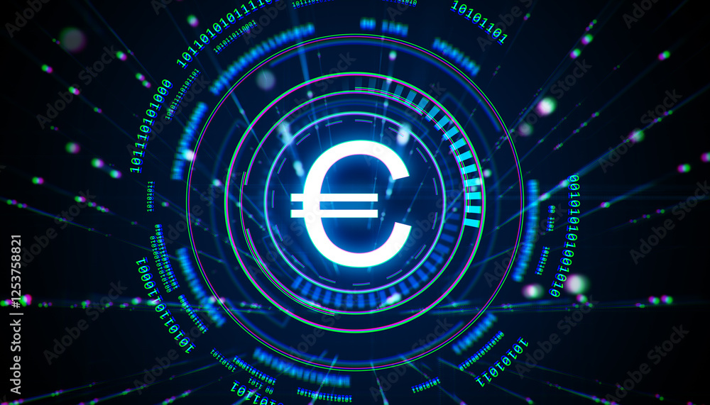 Poster Glowing Euro Currency Symbol in Digital Neon Design with Binary Code Background. 3D Rendering