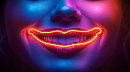 Naklejka premium A glowing close-up of a woman's face with a vibrant neon smile.