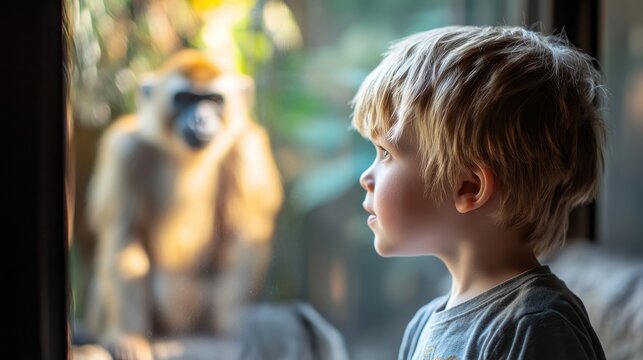 A 6-year-old boy watches intently as a monkey interacts in its exhibit, capturing his curiosity