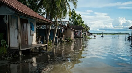 Obraz premium A small village submerged underwater due to rising sea levels and climate displacement