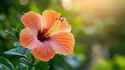 Obraz premium Peach hibiscus flower garden sunset bokeh background design