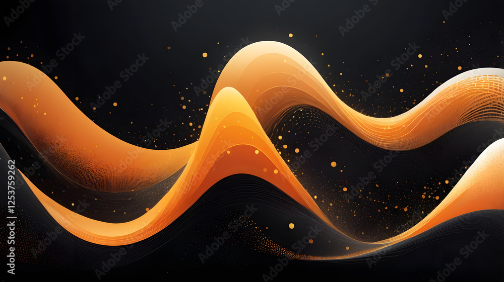 Poster abstract orange and black waves with golden sparkles. the image creates a luxurious and dynamic feel