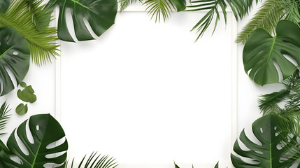 Lush Tropical Leaves Frame White Background Blank Space Monstera Palm Greenery Mockup