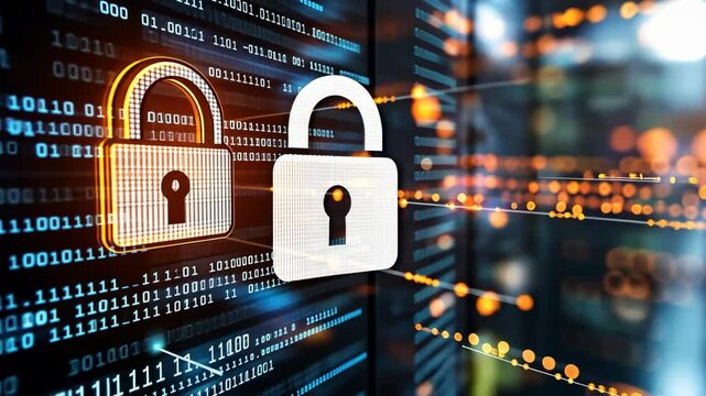 digital double lock with electronic futuristic datal light trail background, Cybersecurity and data management concept