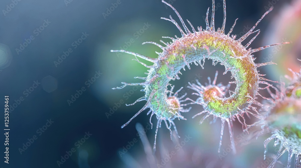 Poster close-up macro image of spiral-shaped bacteria with colorful structures and intricate details
