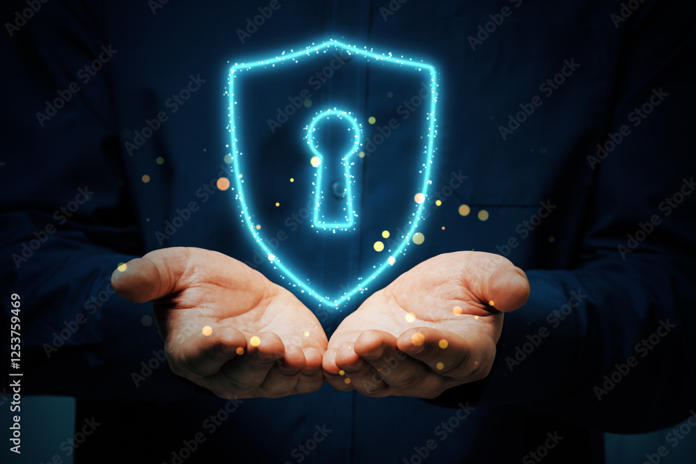 Poster digital glowing lock shield icon above open hands on dark background.