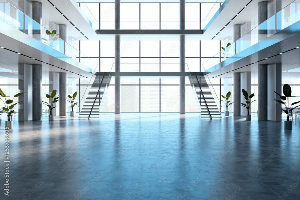 Wall mural Modern spacious lobby with glass windows, staircase, and sleek design. 3D Rendering