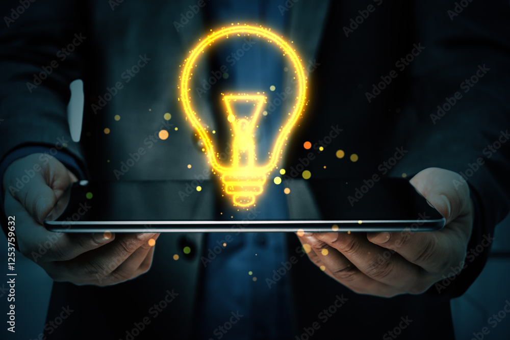 Poster glowing lightbulb icon floating above a tablet in hands, symbolizing innovation and technology.