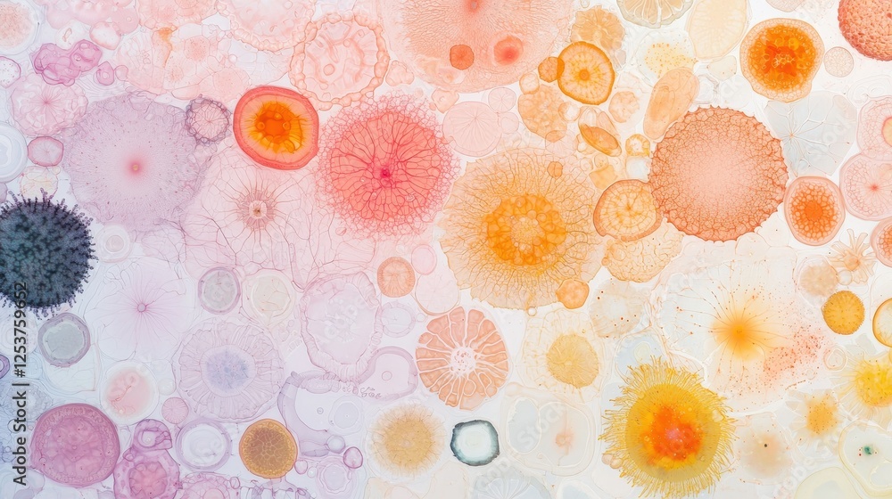 Poster diverse bacterial species displayed in a vibrant macro view showcasing unique colors and forms for s