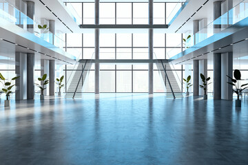 Modern spacious lobby with glass windows, staircase, and sleek design. 3D Rendering