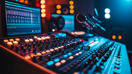 Fototapeta premium Close-up of audio mixing console with vibrant lighting and microphone in modern studio