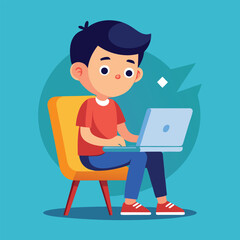 a boy is using his laptop vector