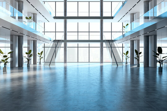 Modern spacious lobby with glass windows, staircase, and sleek design. 3D Rendering