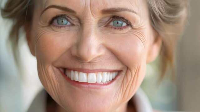 An uplifting older woman proudly displaying a bright smile and embodying the grace of aging in a lovely natural setting