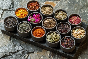 Vibrant spice collection display culinary studio photography indoor close-up flavorful ingredients