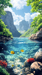 Obraz premium Tropical Nature Scenery: Vibrant Water and Mountain Landscape with Clear Blue Sky, Clouds, Tranquility, Underwater Flora, Fauna, Wildlife, Adventure, and Serenity at Pristine Coastal Habitats