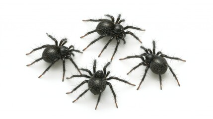 Close-Up Image of Four Black Spiders Displaying Unique Patterns and Textures on White Background