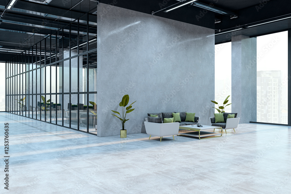Poster modern waiting area with sofa and seats in office space. 3d rendering