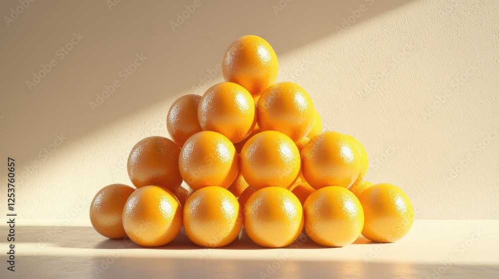 Poster playful 3d render of oranges stacked into a pyramid formation against a minimalistic background