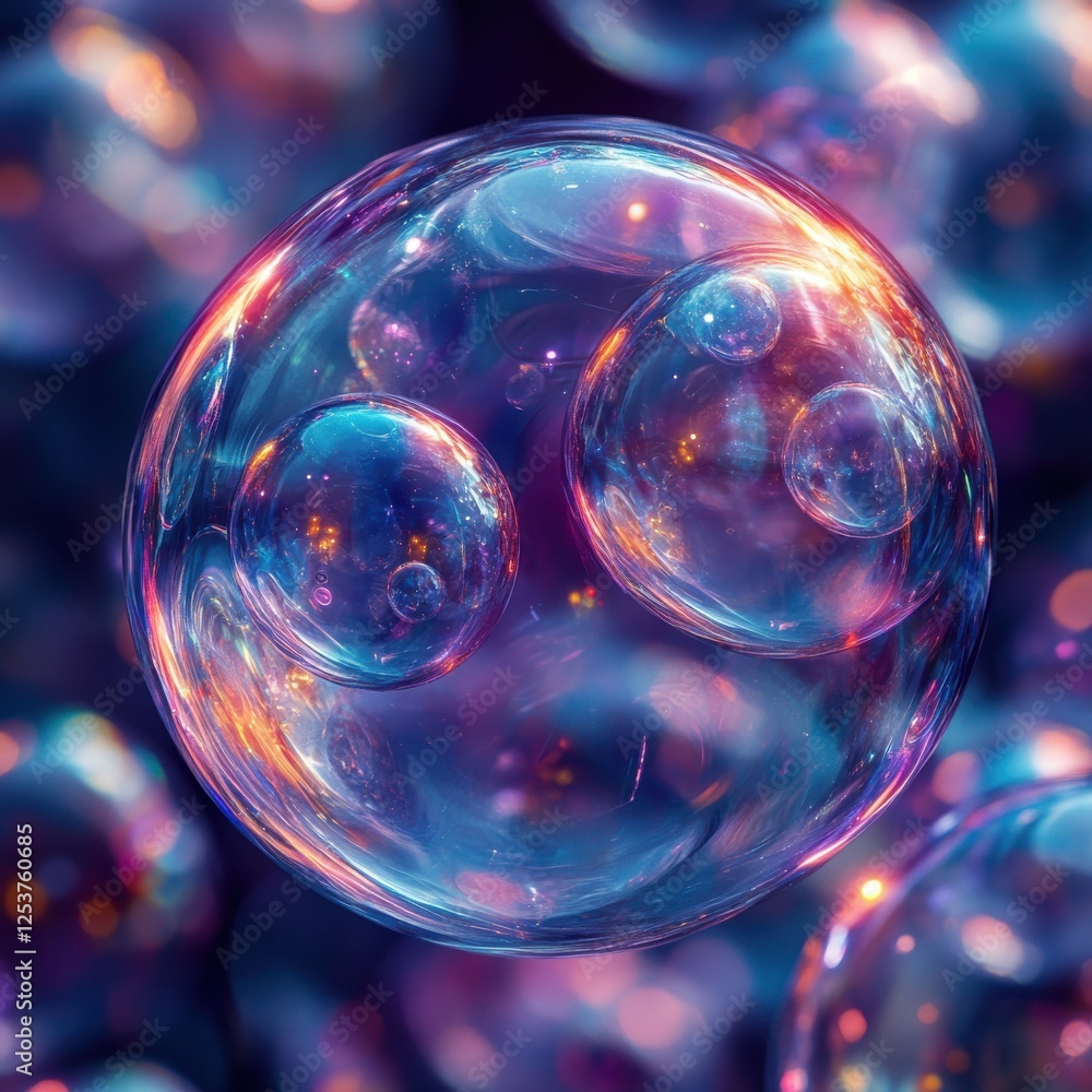 Poster colorful abstract bubbles with detailed textures and luminous reflections against a dark background 