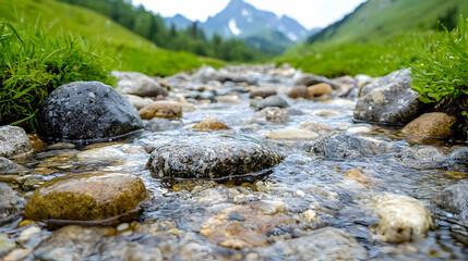 Mountain stream flows over rocks, green valley background, nature scene, travel photography