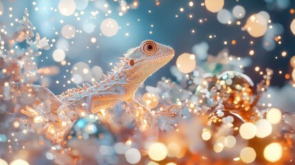Fototapeta premium Playful Scene of a Lizard Amidst a Festive New Year Celebration Full of Sparkling Lights and Decorations