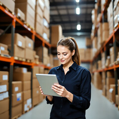focused woman using tablet in a warehouse