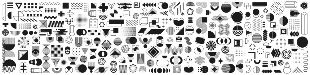 Poster geometric shapes set. trendy minimal halftone geometric shapes collection. memphis design retro elem