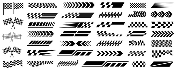 Racing cars and race car stripes set, checkered flag, finish line, motocross labels, dynamic lines, motorsport, racing stripe speed, automotive competition
