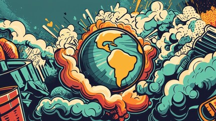 Playful and Impactful Sticker Illustration of a Globe Surrounded by Explosions and Clouds in a Vibrant Art Style