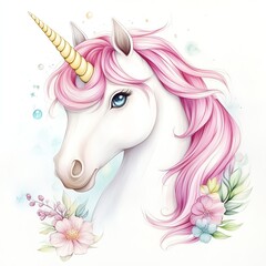 A whimsical unicorn with a pink mane and golden horn, surrounded by pastel flowers, exuding magic and charm.