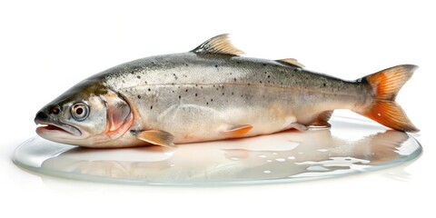 A large puddle of slime on a white background with a small salmon fish at the center and slime dripping from it, nature, salmon