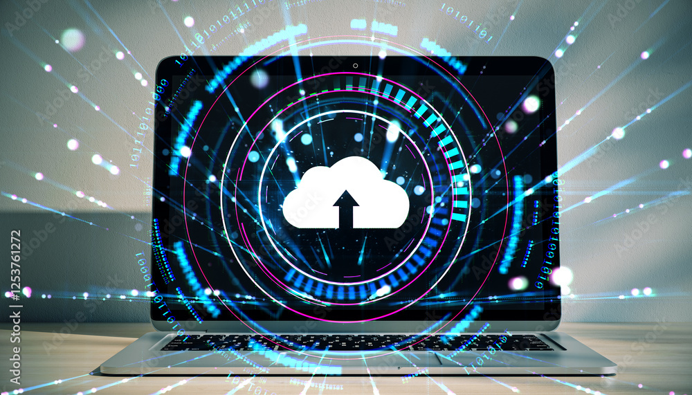 Poster Cloud computing technology concept with data upload symbol on laptop screen.