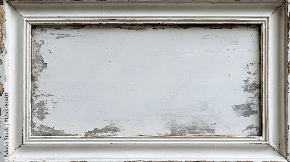 Poster aged distressed vintage picture frame hanging on weathered rustic grungy wall background empty space