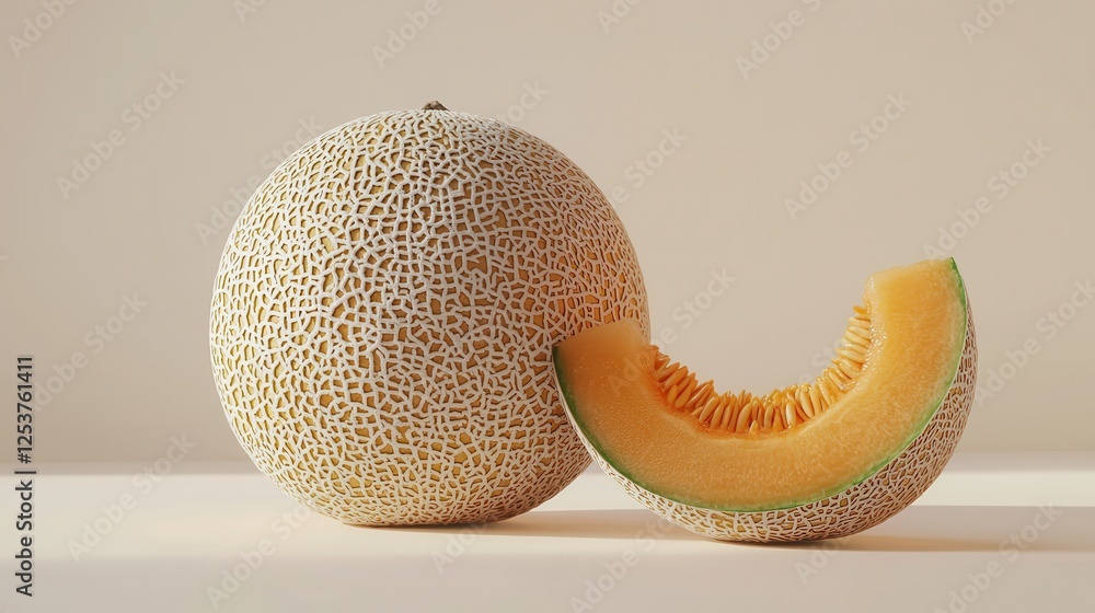 Aufkleber realistic 3d render of whole cantaloupe melon with slice on soft neutral background