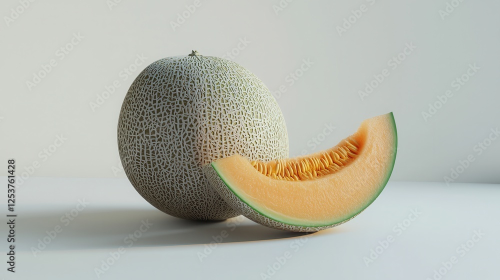 Poster realistic 3d render of a whole cantaloupe melon with a slice on a minimalist background