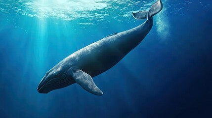 A sperm whale diving deep into Antarctic waters, its massive tail flipping above the surface