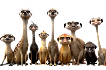 Happy 3D Cartoon Meerkats with Ostrich in Fun Group Isolated on Transparent Background